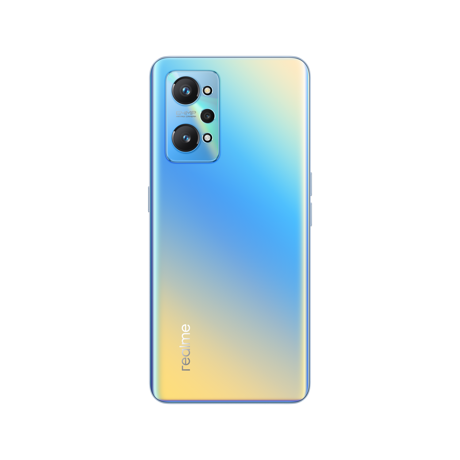 Parte trasera de un teléfono Realme con degradado azul y amarillo, configuración de triple cámara.