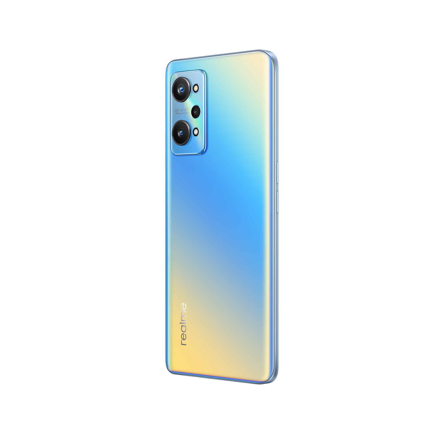 Un teléfono con parte trasera degradada azul-amarilla y triple cámara. Pantalla negra con el logo realme.