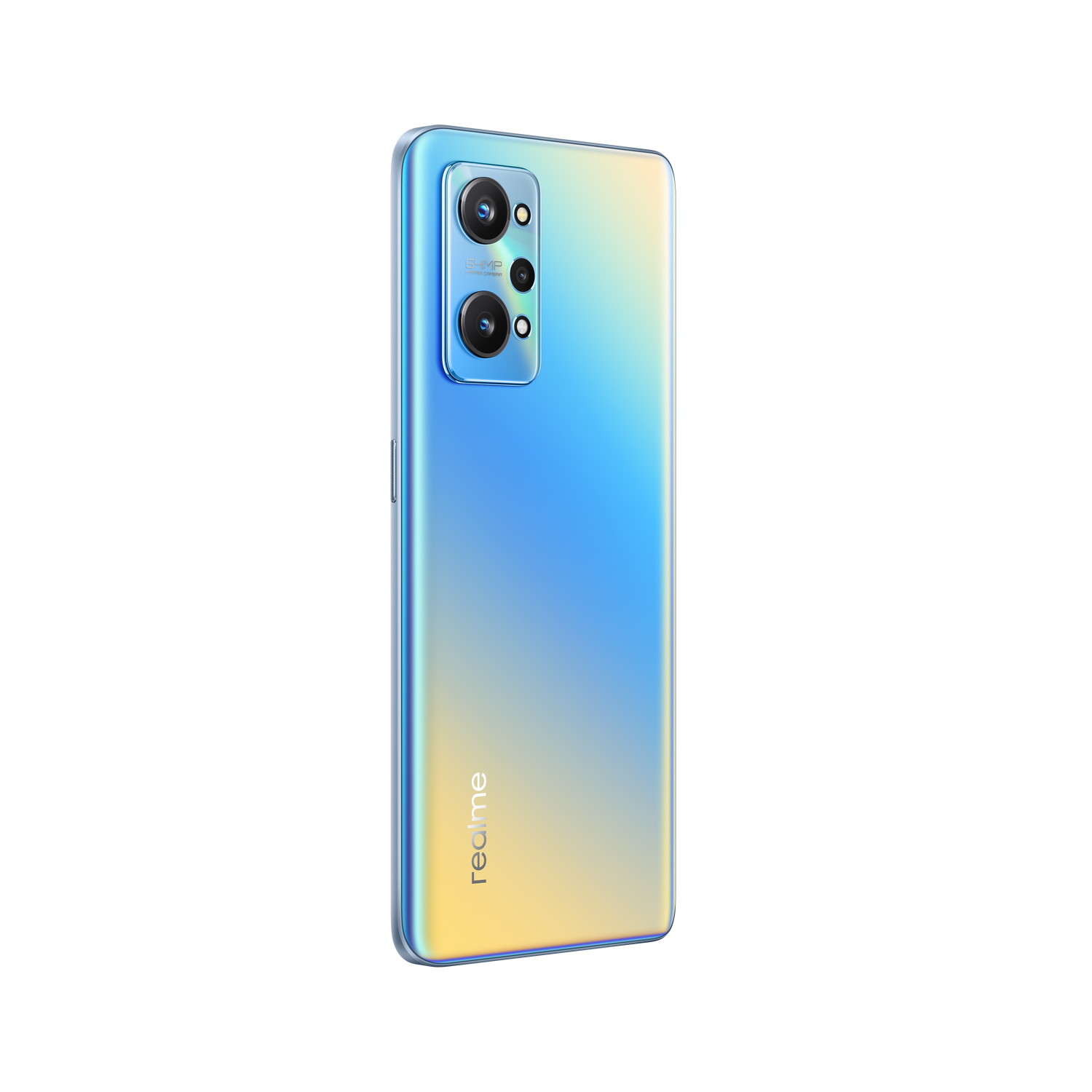 Un smartphone, con una parte trasera degradada azul y amarilla.