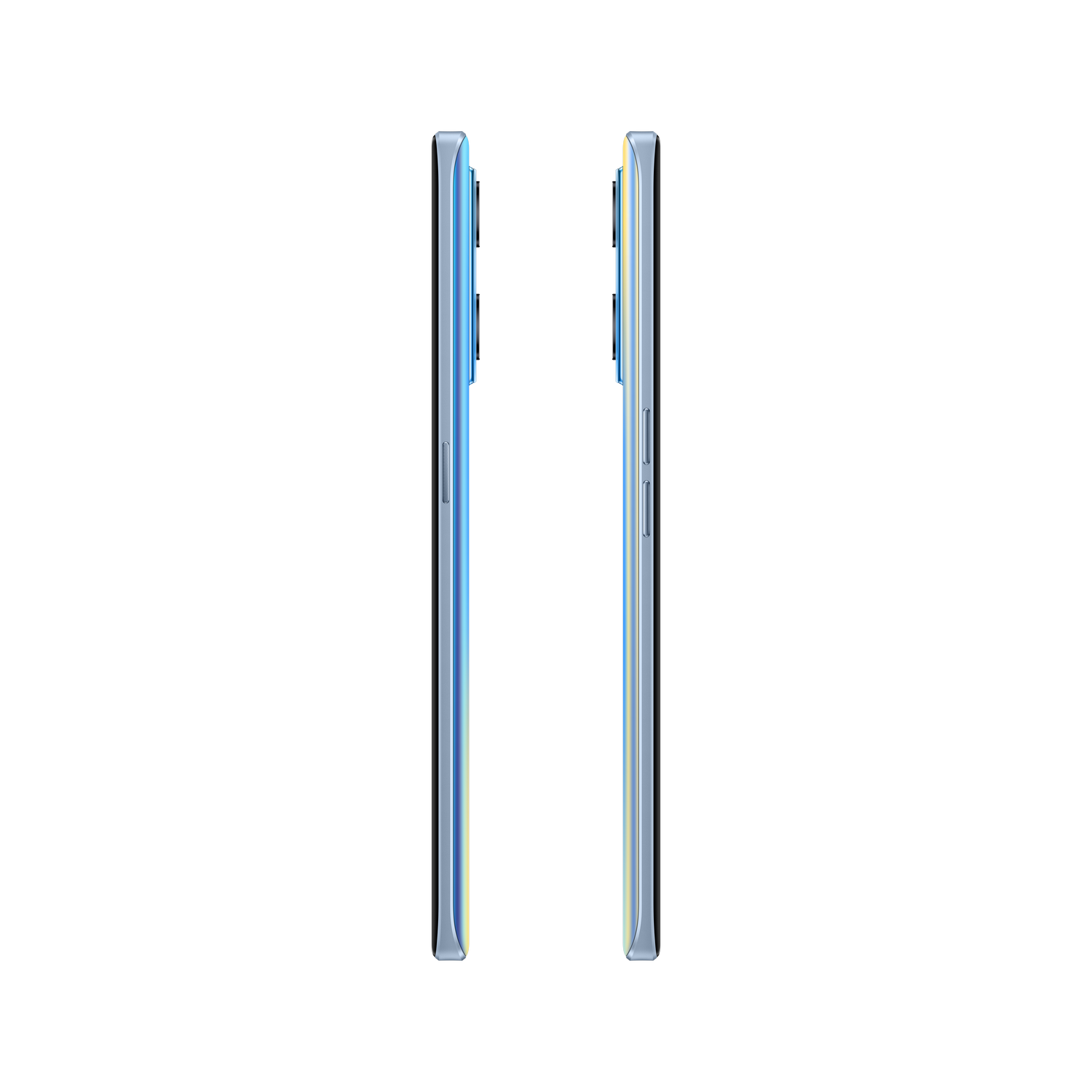 Dos teléfonos de lado, parte trasera azul, pantalla negra, sobre fondo negro.