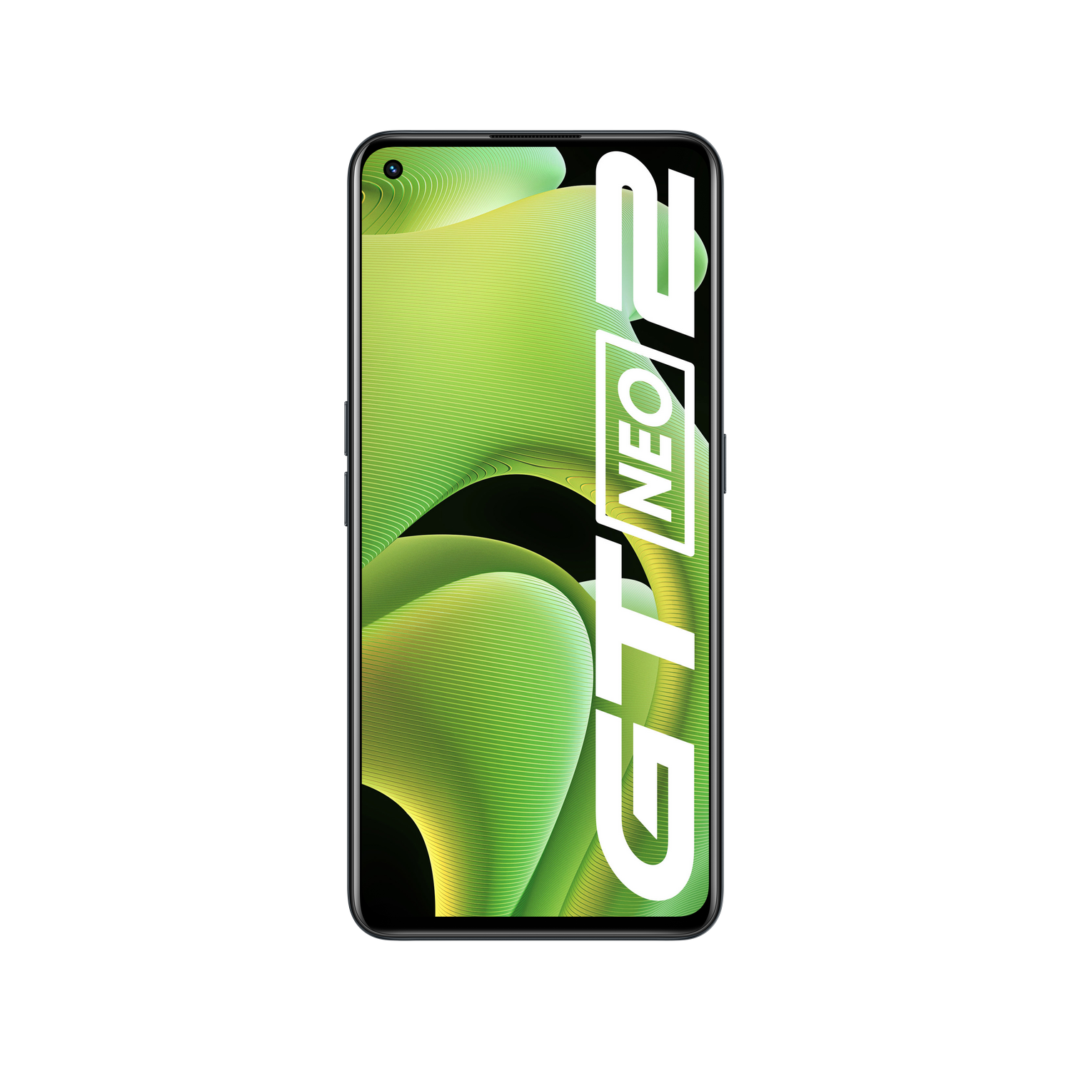 Un smartphone con una pantalla con diseño verde y negro, fondo negro.