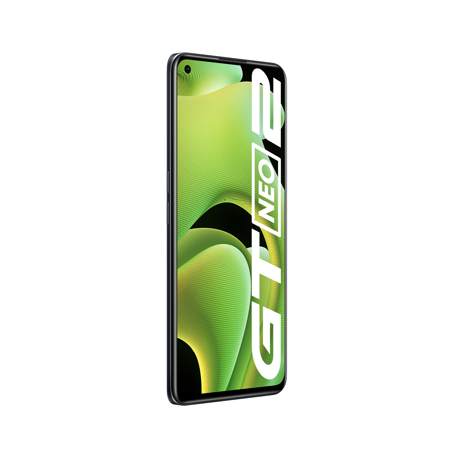 Smartphone negro con pantalla degradada verde y amarilla.