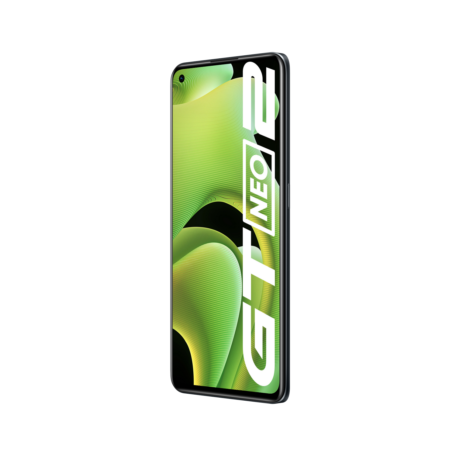 Smartphone con un diseño verde y blanco. El texto dice GT NEO 2. Fondo negro.