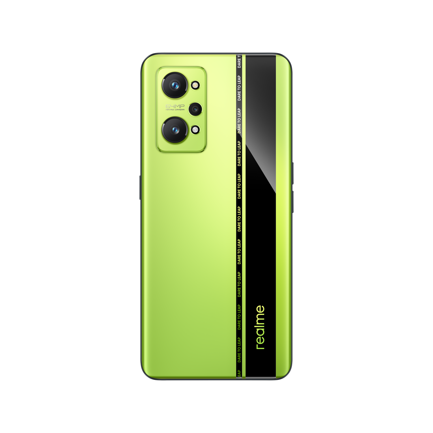 Teléfono Realme verde. Tiene una franja negra con texto.