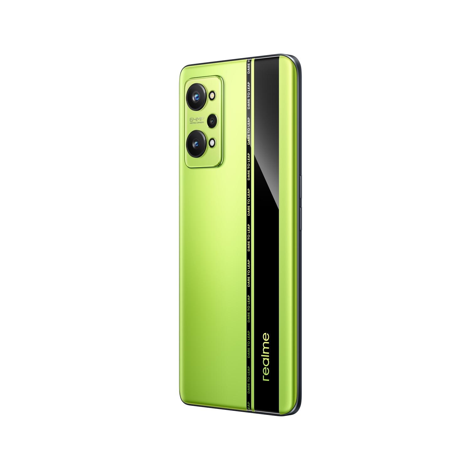 Un smartphone verde lima con una franja vertical negra y configuración de cámara, sobre un fondo negro.
