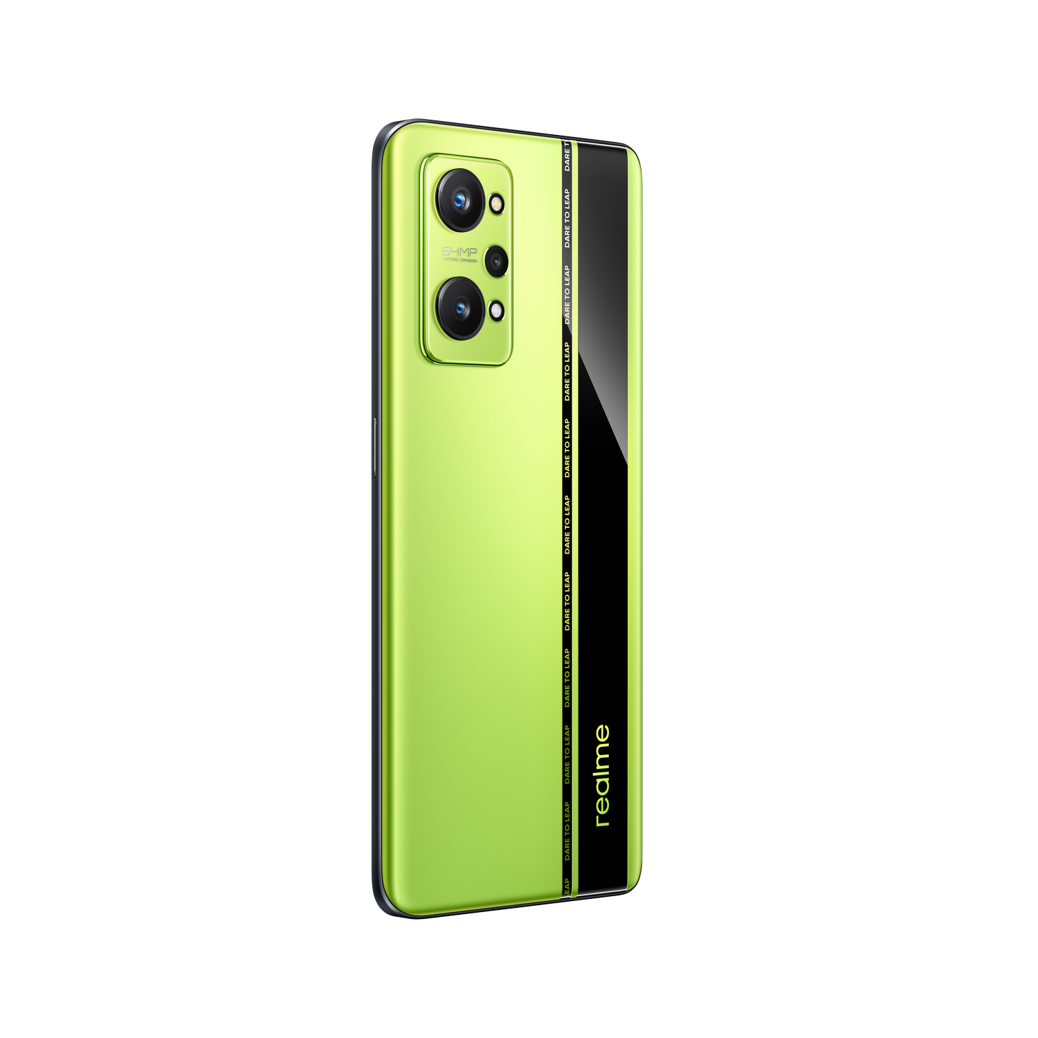 Parte trasera de smartphone verde, franja negra, logotipo Realme, lentes de cámara, fondo negro.