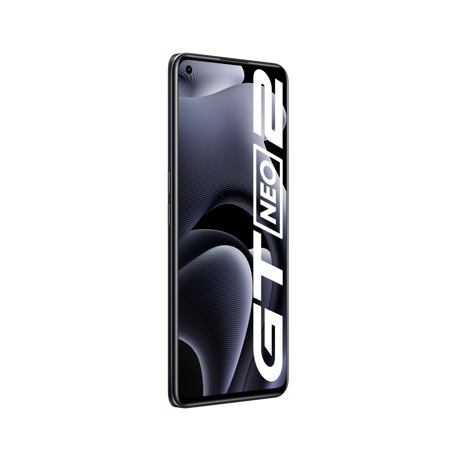 Un teléfono inteligente negro con el texto "GT NEO 2" en la pantalla.