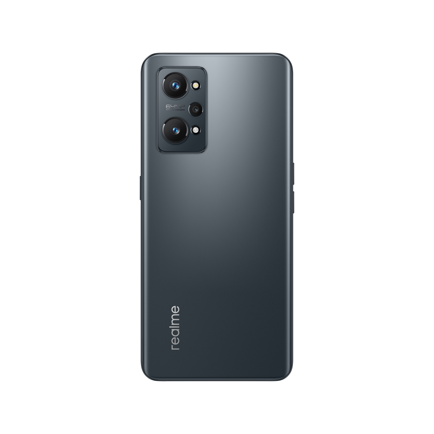 Teléfono gris oscuro, logo realme. Fondo negro.