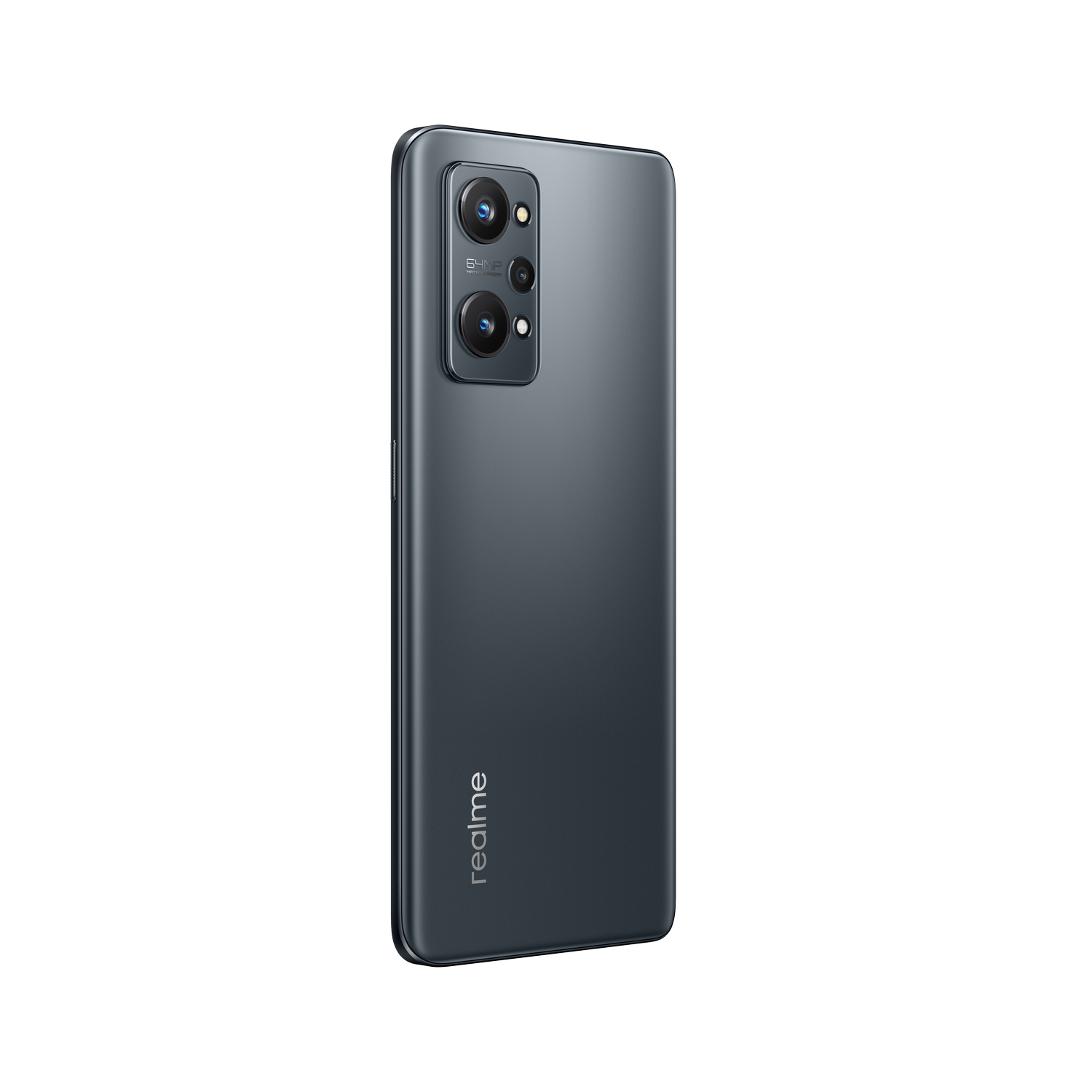 Smartphone Realme, parte trasera gris oscuro con conjunto de cámara y logotipo de Realme, aislado sobre negro.