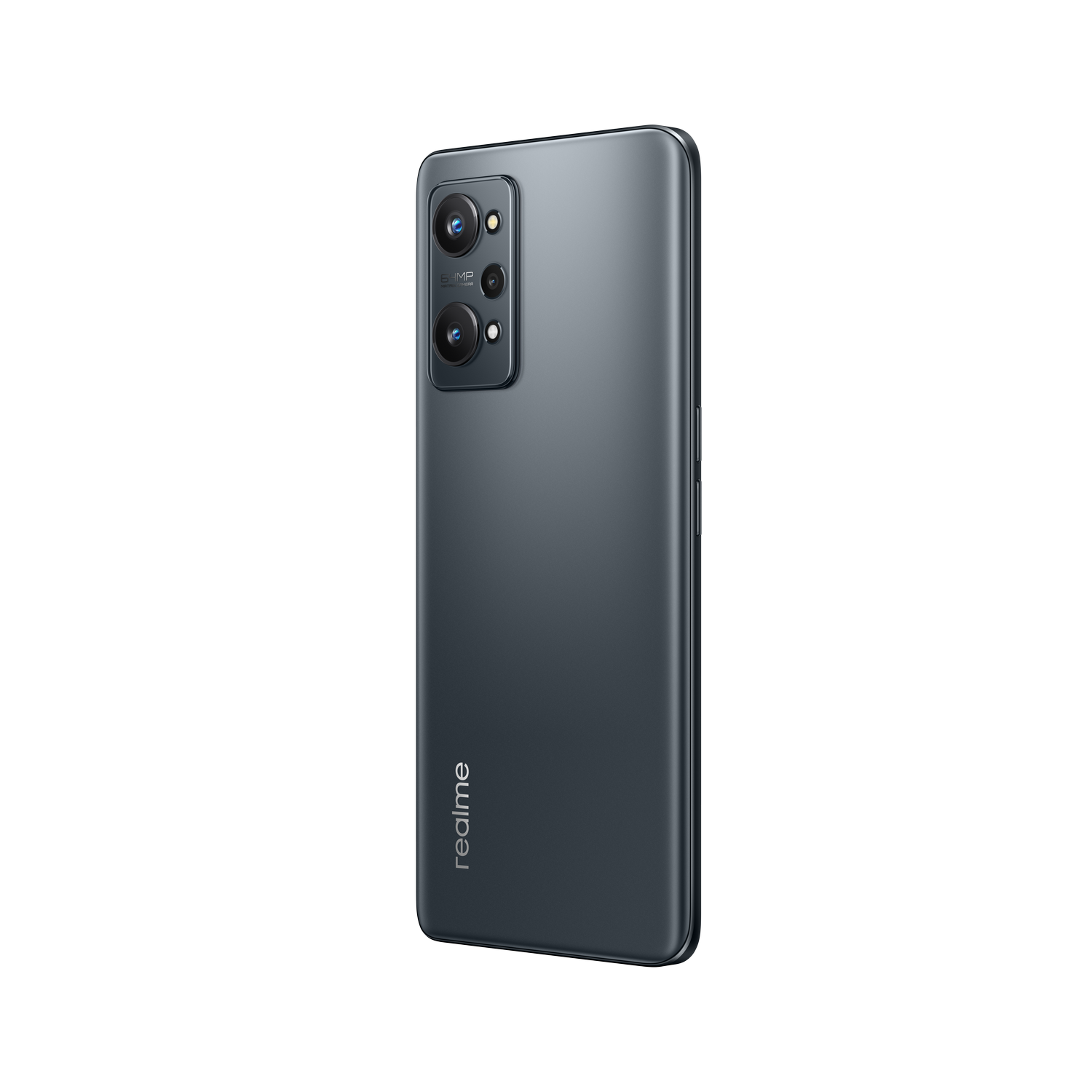 Un smartphone gris oscuro con una cámara de triple lente en la parte trasera, sobre un fondo negro.