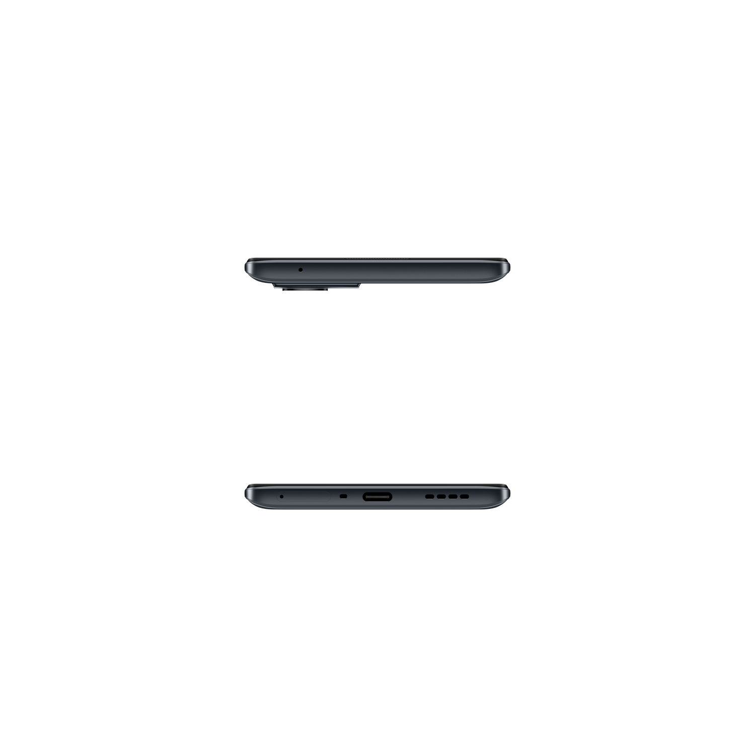 Dos perfiles de smartphone, negros, mostrando puertos y botones. Fondo negro liso.