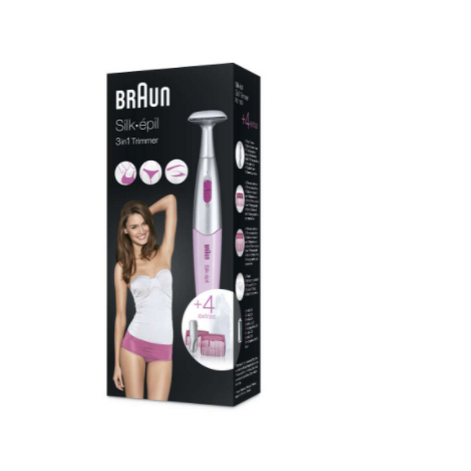 Caja del recortador Braun Silk-épil 3 en 1 con una mujer con un top blanco y pantalones cortos rosas. Se muestra un recortador.