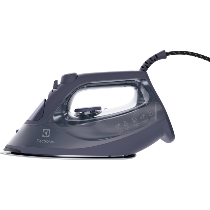 Egy szürke Electrolux vasaló fekete háttéren.