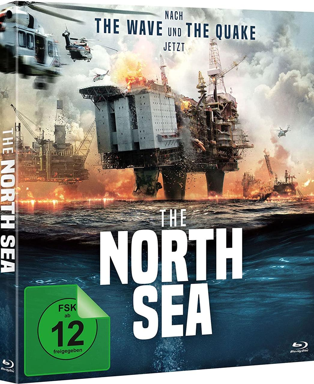 Filmcover mit brennender Ölplattform und Helikoptern, der Titel lautet 'THE NORTH SEA'.