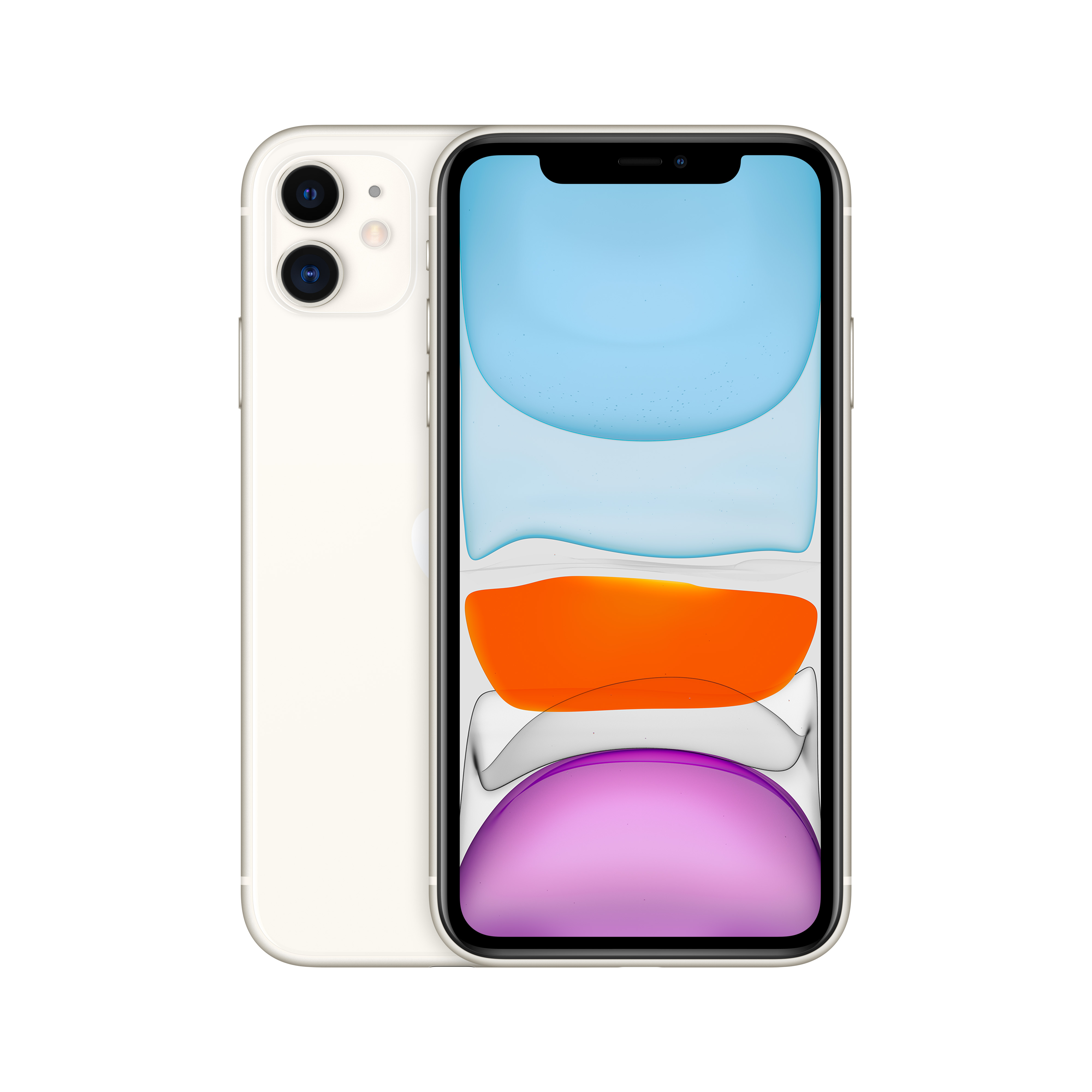 Beyaz iPhone 11, ön ve arka görünüm, renkli bir ekranla.