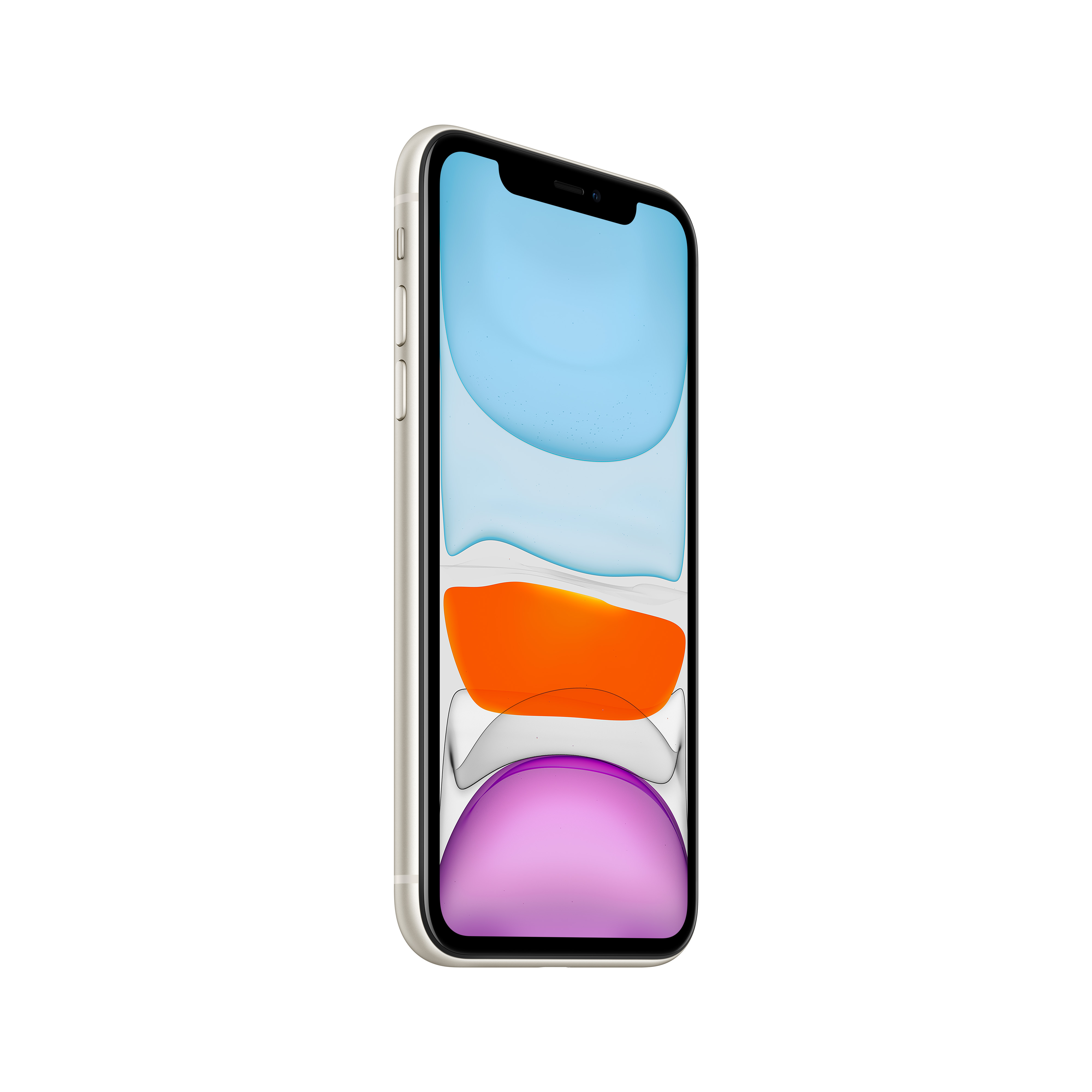 Beyaz bir arka plan üzerinde, açılı görünümde, renkli ekranlı beyaz bir iPhone 11.