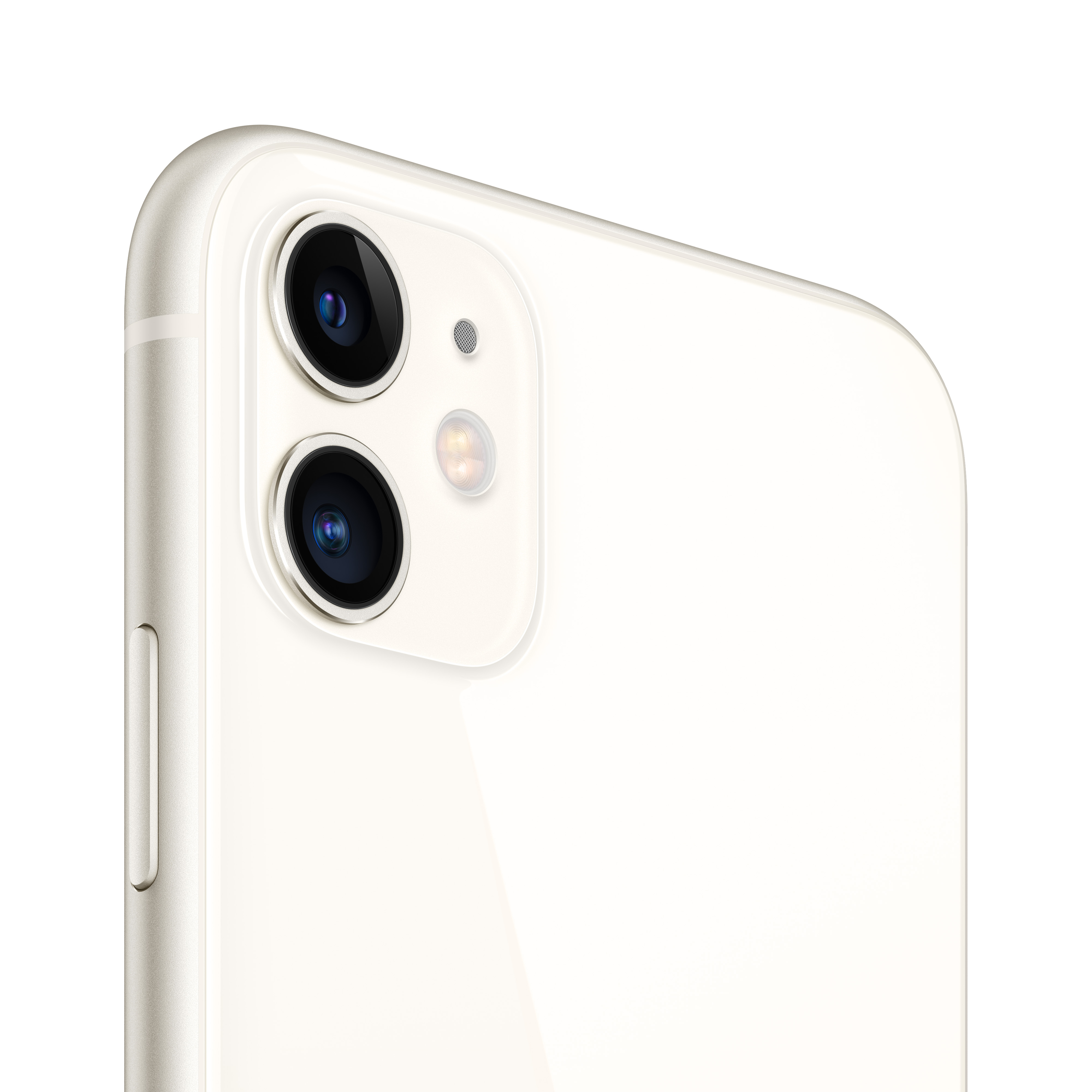 İki lensli ve flaşlı beyaz bir iPhone 11 kamera modülünün yakın çekimi.