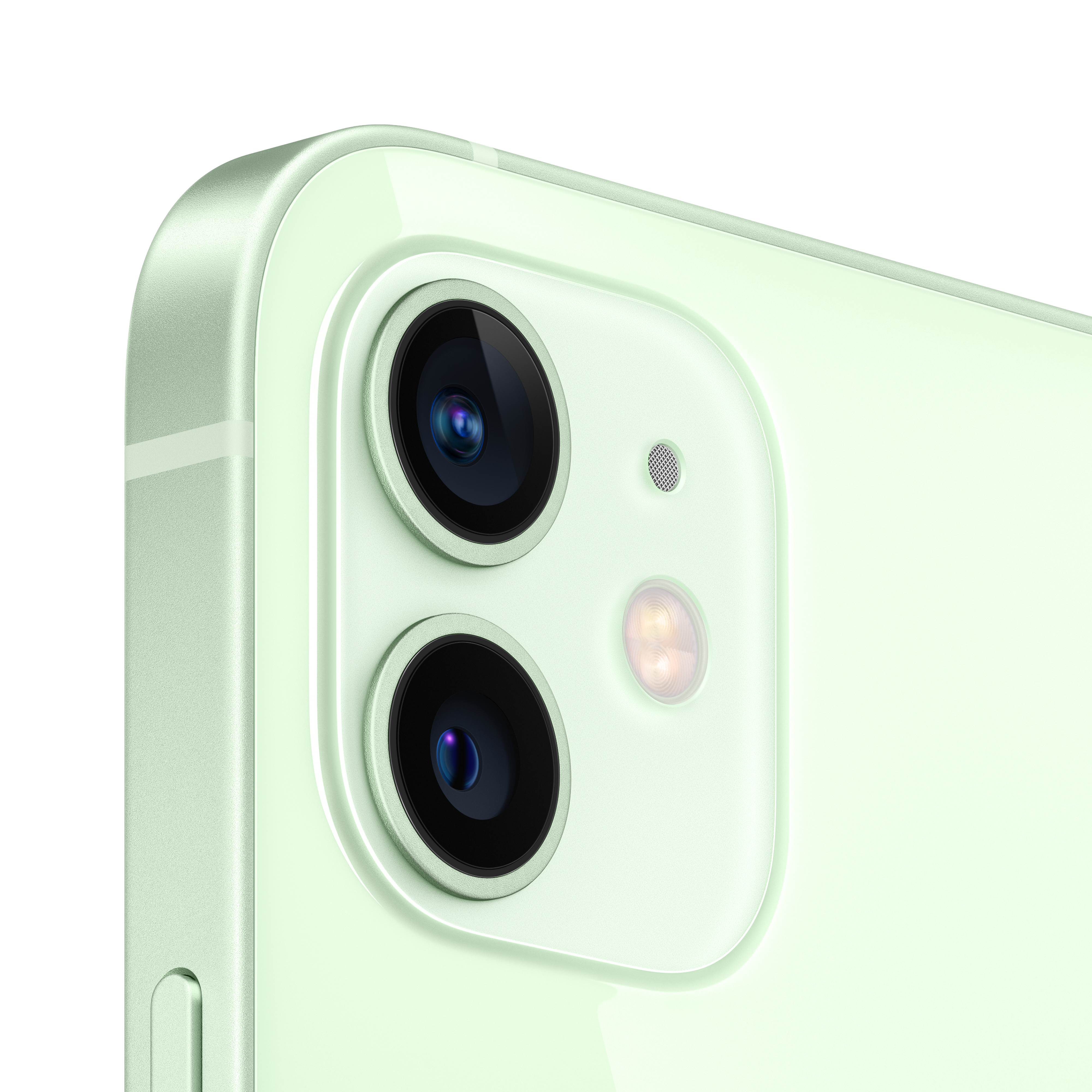 Yeşil iPhone 12 kamera modülünün iki lens ve mikrofon ile yakın çekimi.