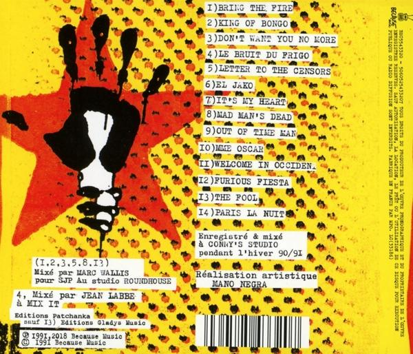 Albumcover mit roter Hand, gelbem Hintergrund und Titelliste.