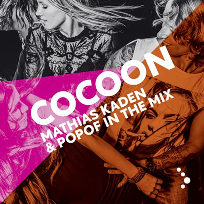 Bild eines DJs mit Text: 'Cocoon', 'Mathias Kaden & Popof in the Mix'. Orange und lila Farben.