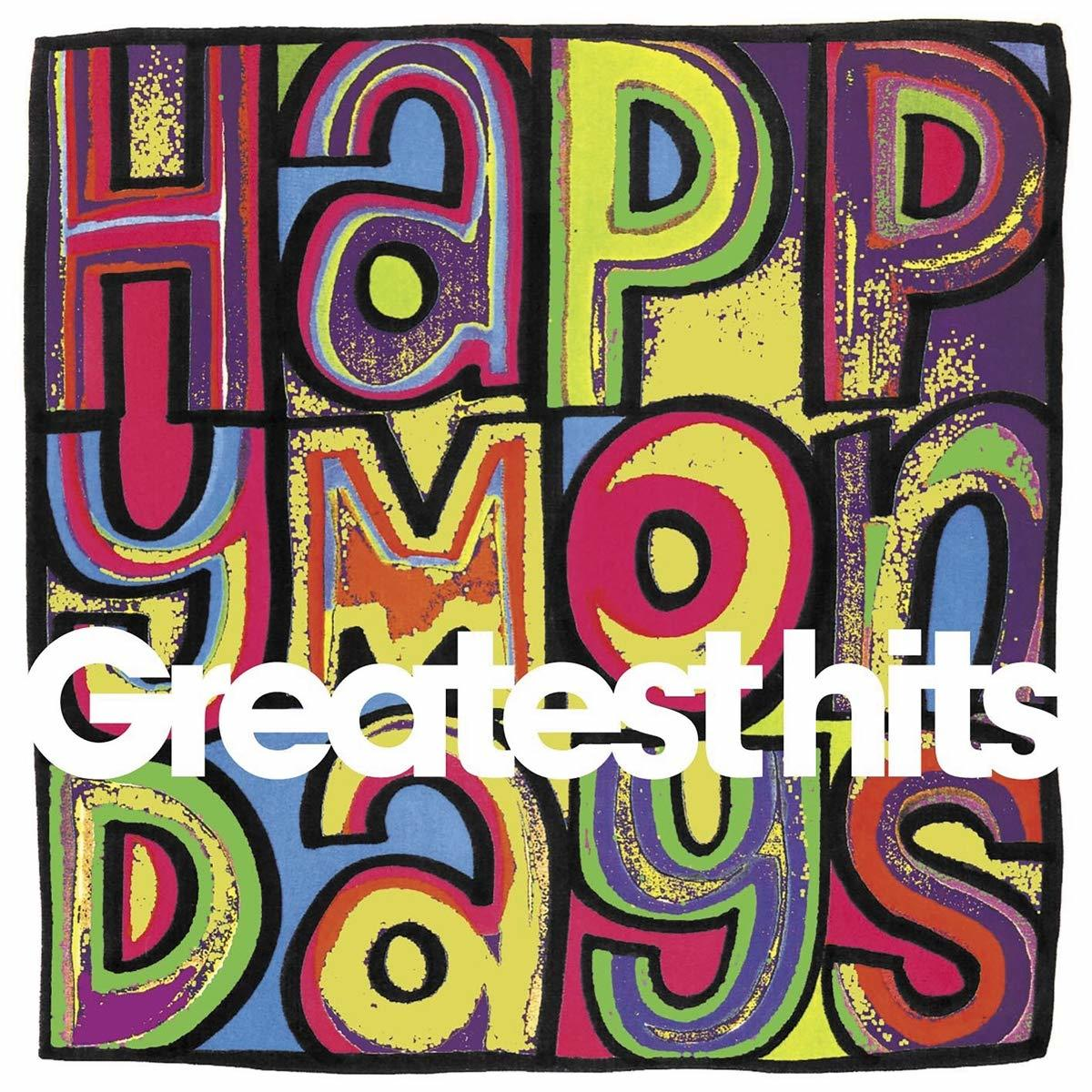 Happy Mondays albumhoes. Kleurrijke tekst op zwarte achtergrond, zegt 'Happy Mondays' en 'Greatest Hits'.