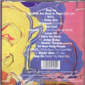 Achterkant van een cd-hoesje met kleurrijk abstract ontwerp en songtitels. Tekst in verschillende kleuren.