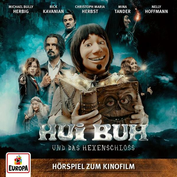 Filmcover: Eine Gruppe von Schauspielern und Schauspielerinnen, mit einem Buch mit dem Titel 'Hui Buh' und einem Schloss.