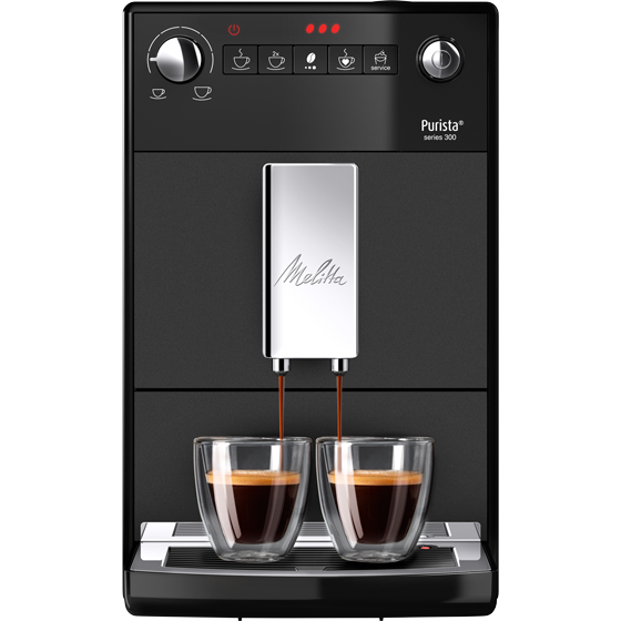 Zwarte Melitta Purista koffiemachine. Twee kopjes koffie worden in glazen geschonken.
