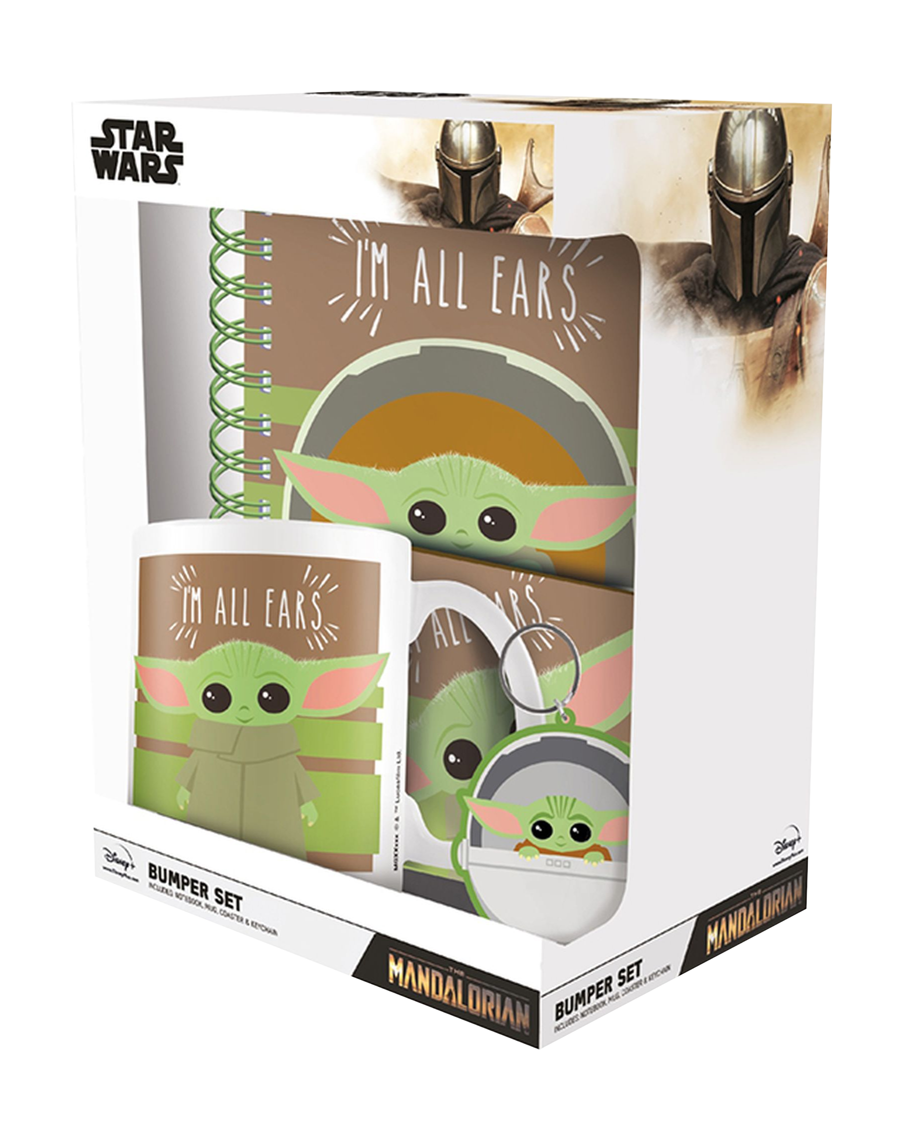 Eine Star Wars Mandalorian Bumper Set Box mit Notizbuch, Becher, Schlüsselanhänger und Stift.