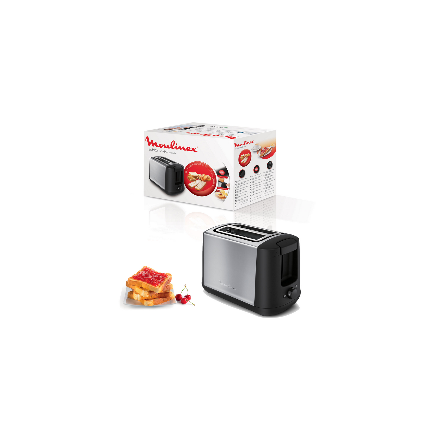 Tostadora Moulinex con la caja. Rebanadas de tostadas con mermelada. Fondo blanco.