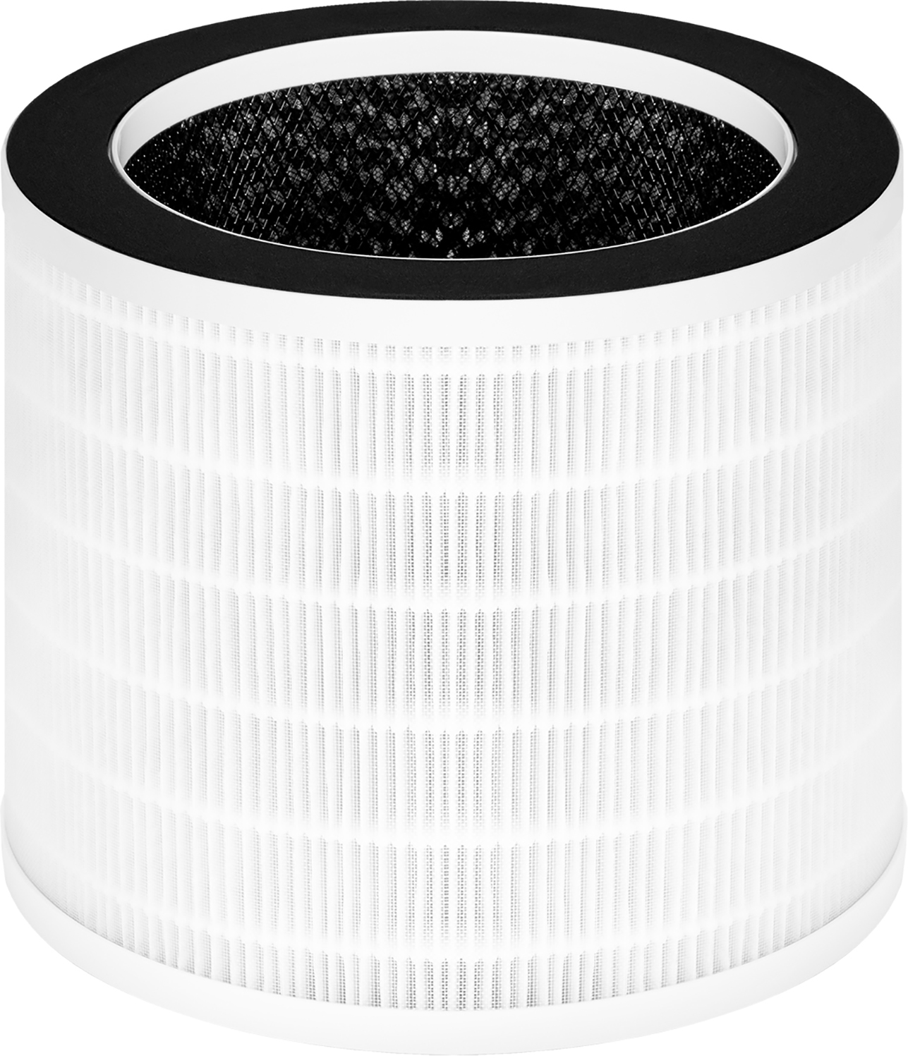 Weißer Luftfilter mit schwarzem Rahmen, zylindrische Form, mit sichtbarer Innenstruktur.