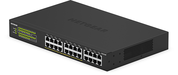 NETGEAR GS324P Switch. Schwarz, mit vielen Anschlüssen und LEDs.