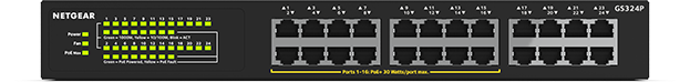 Ein schwarzer Netgear-Netzwerk-Switch mit mehreren Anschlüssen und Lichtern.