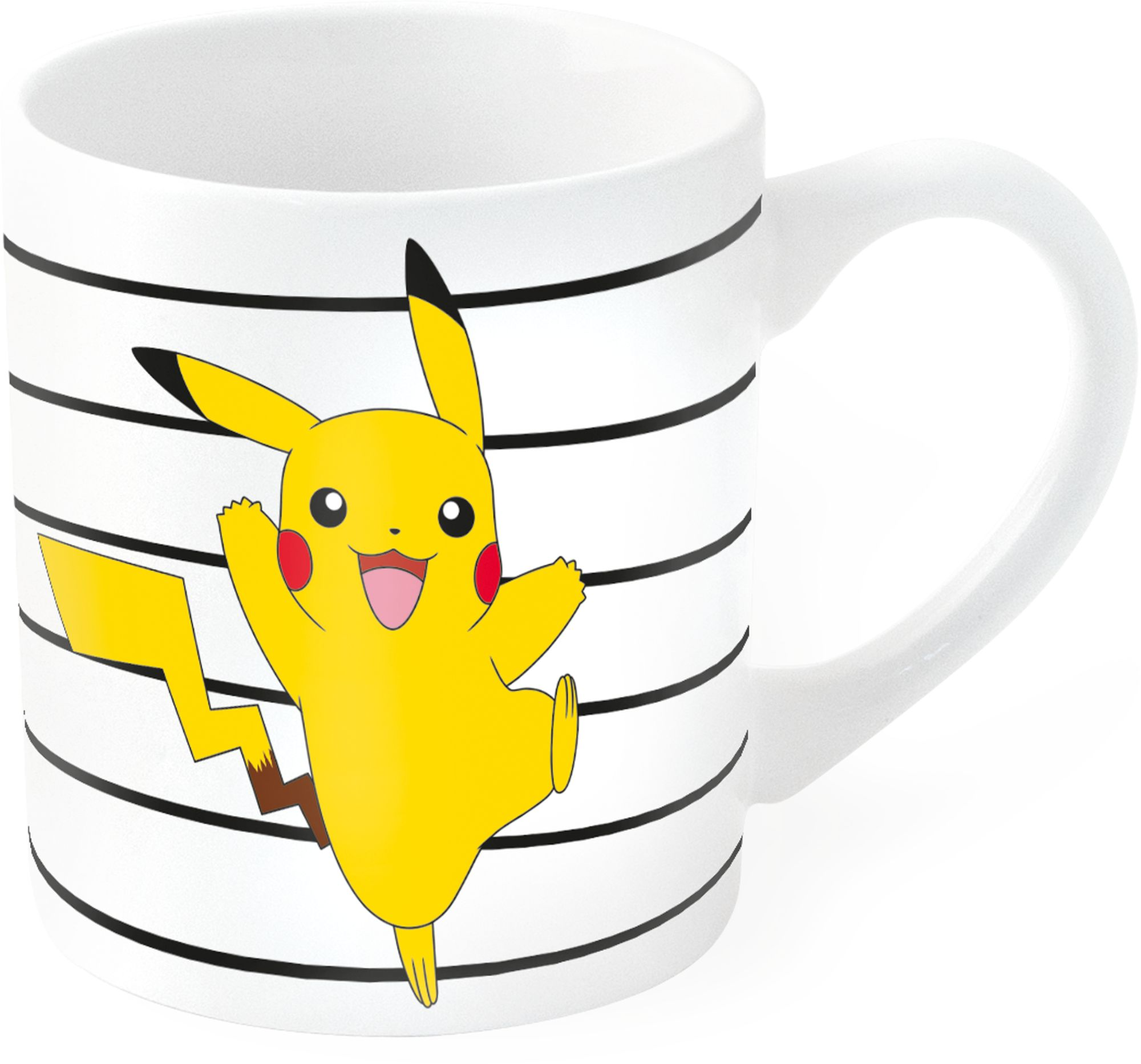 Weißer Becher mit einem Zeichentrick-Pikachu-Charakter und schwarzen Streifen.