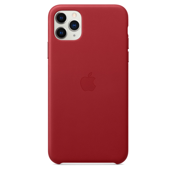 Funda roja para iPhone 11 Pro con logo de Apple sobre fondo negro, mostrando la parte trasera y cámara.
