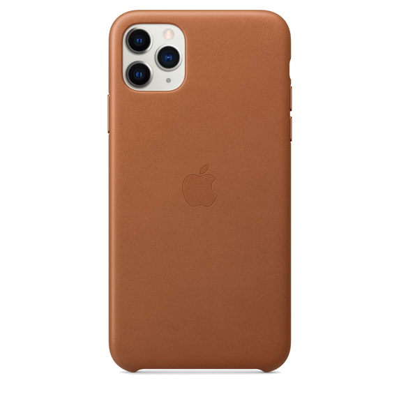 Funda de cuero marrón para teléfono con el logo de Apple. Tres lentes de cámara.