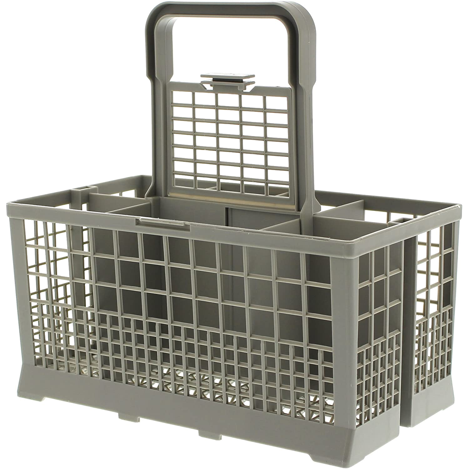 Cesta de lavavajillas gris, con múltiples compartimentos, sobre fondo blanco.