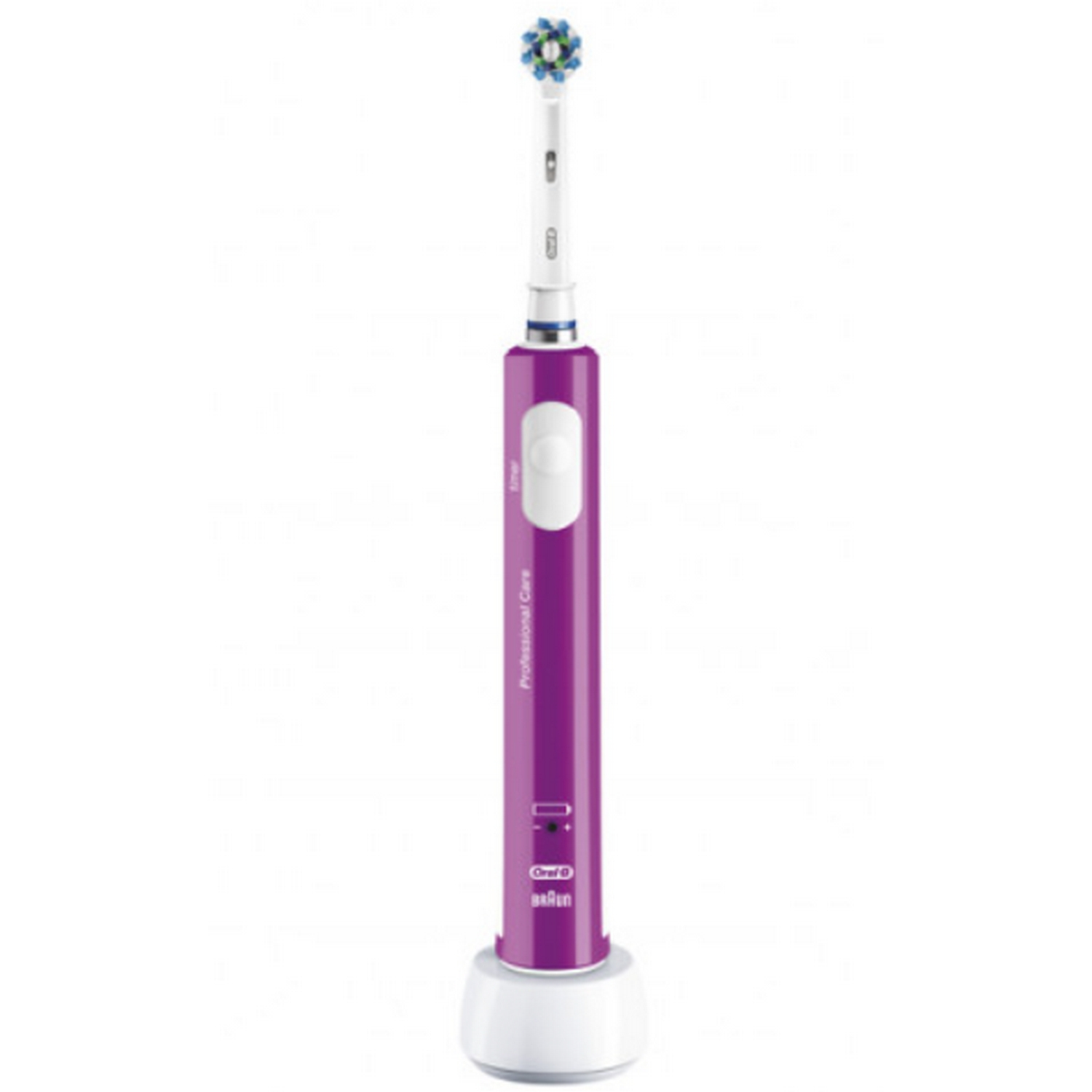Cepillo de dientes eléctrico Oral-B morado en una base de carga blanca.