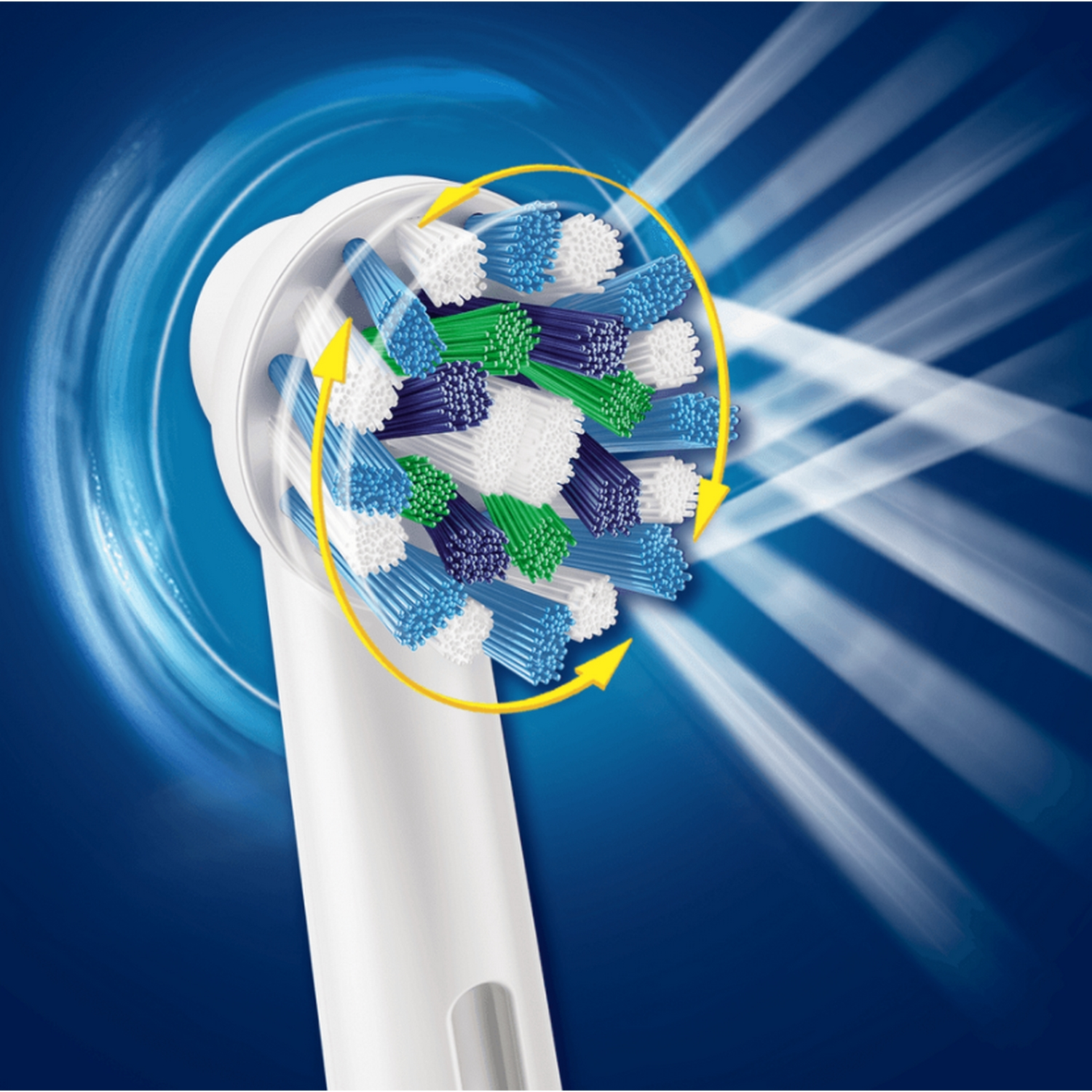 Un primer plano del cabezal de un cepillo de dientes blanco con cerdas azules, verdes y blancas.