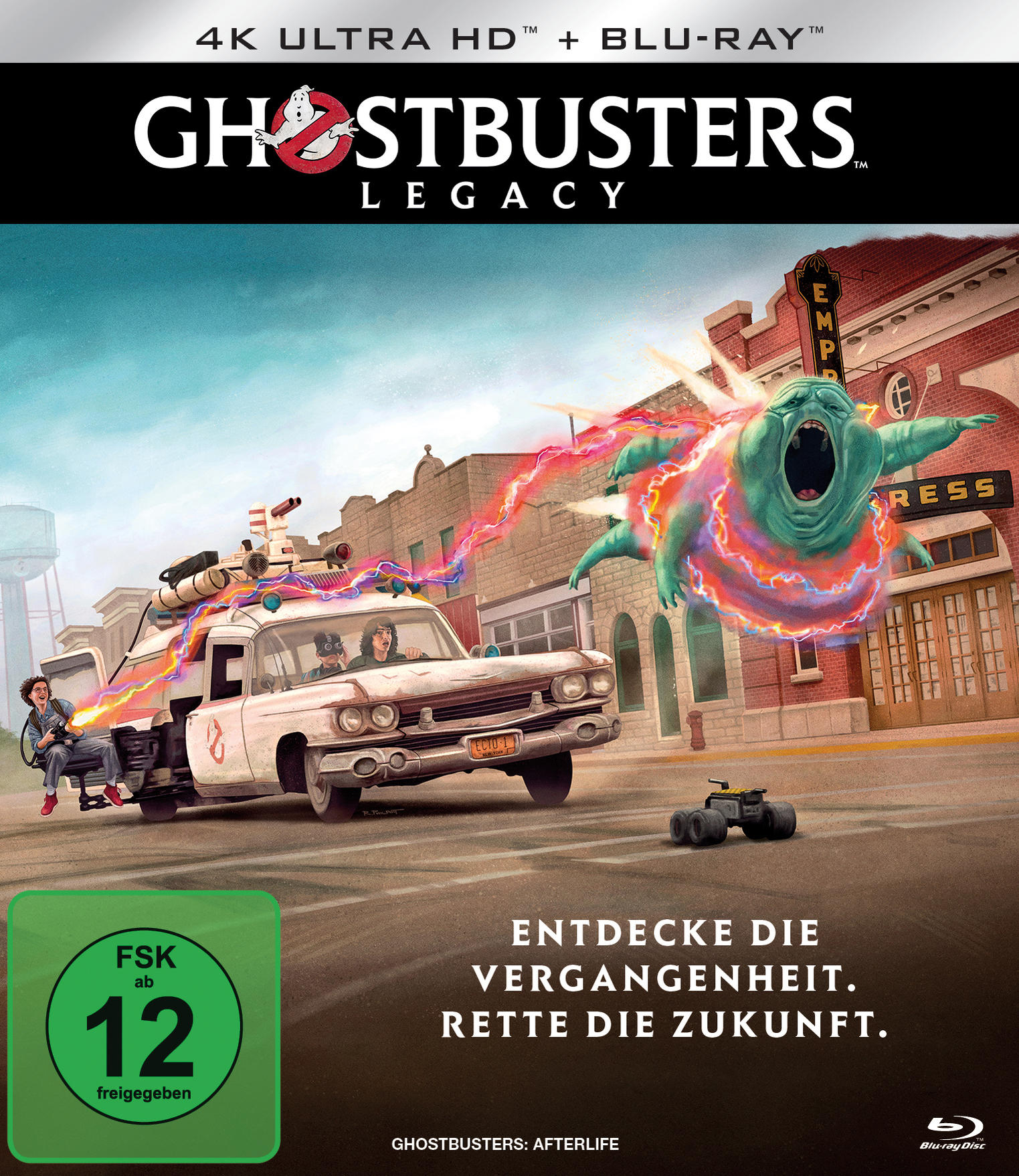 Blu-ray-Cover für 'Ghostbusters: Afterlife'. Enthält das Ecto-1-Auto, einen grünen Geist und Text.