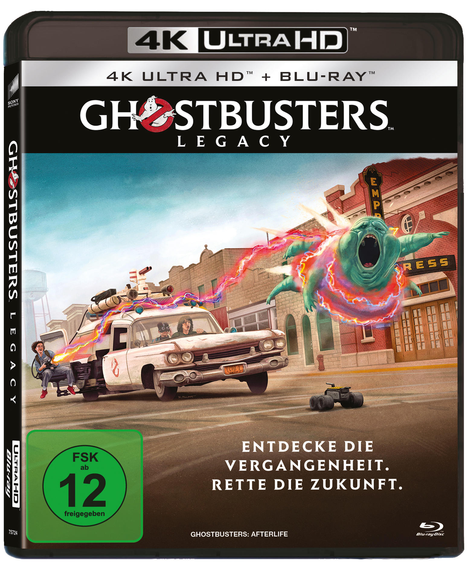 Ghostbusters: Legacy Blu-ray-Cover mit dem Ecto-1 und einem Geist.