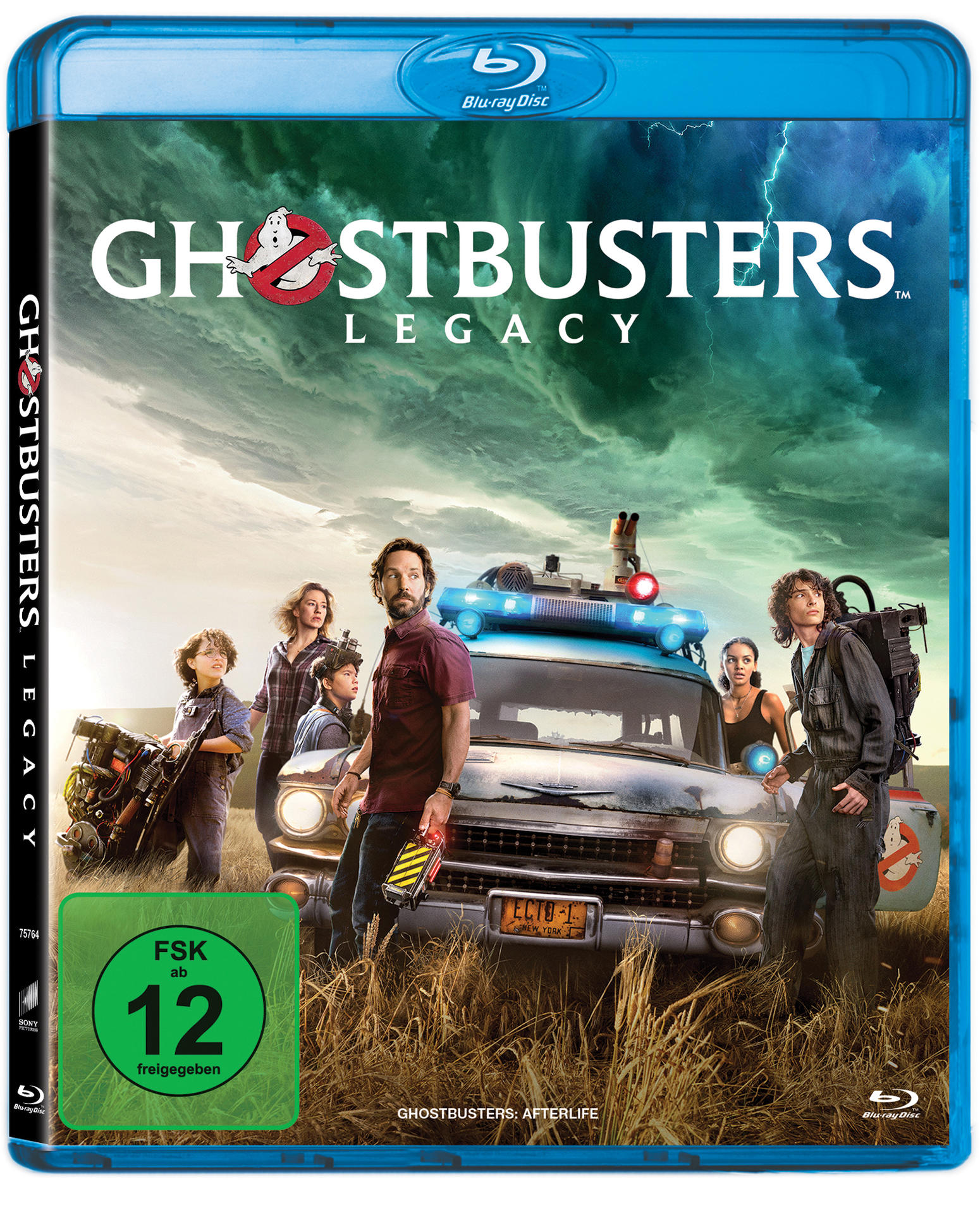 Ein Filmcover für Ghostbusters: Legacy, mit einer Gruppe von Leuten, einem Auto und einem Blitzhimmel.