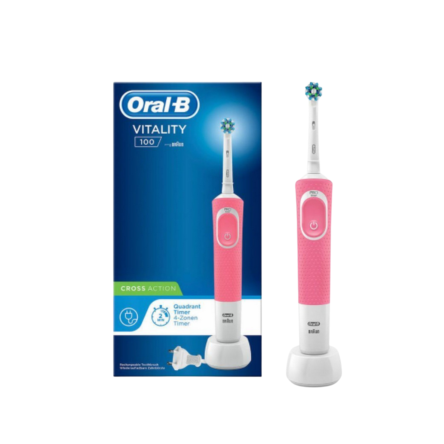 Cepillo Dientes Braun vitality 100 crossaction rosa oralb con mango recargable tecnología y 1 cabezal recambio action dental d100 temporizador timer