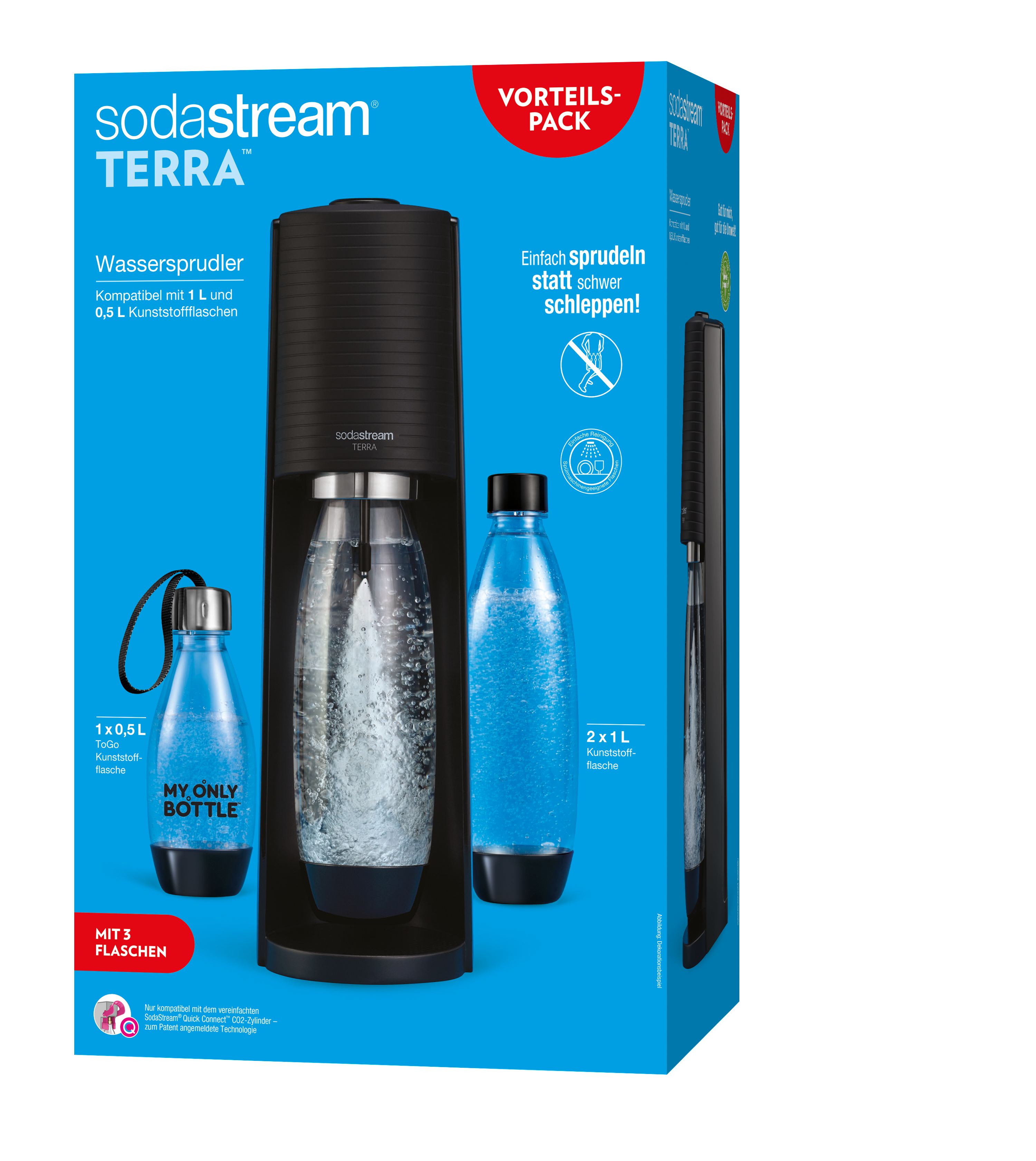 SodaStream Terra-Box-Set mit schwarzem Gerät, Flaschen und Marketingtext.