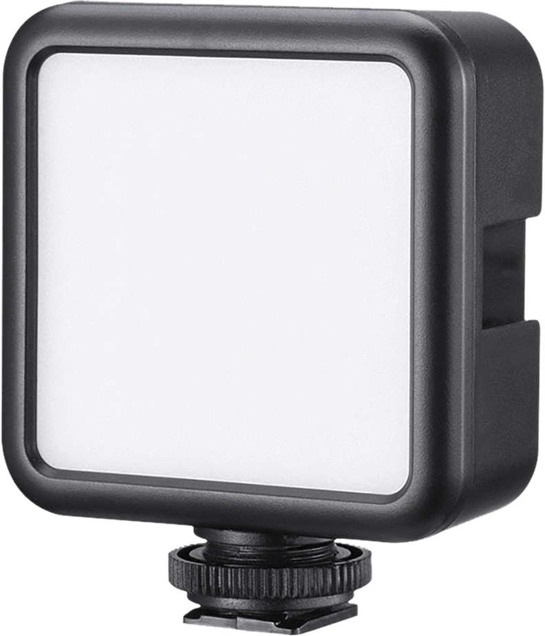 Une lumière LED noire avec une lumière carrée blanche. Il a une pièce de montage en bas. Les coins sont arrondis.