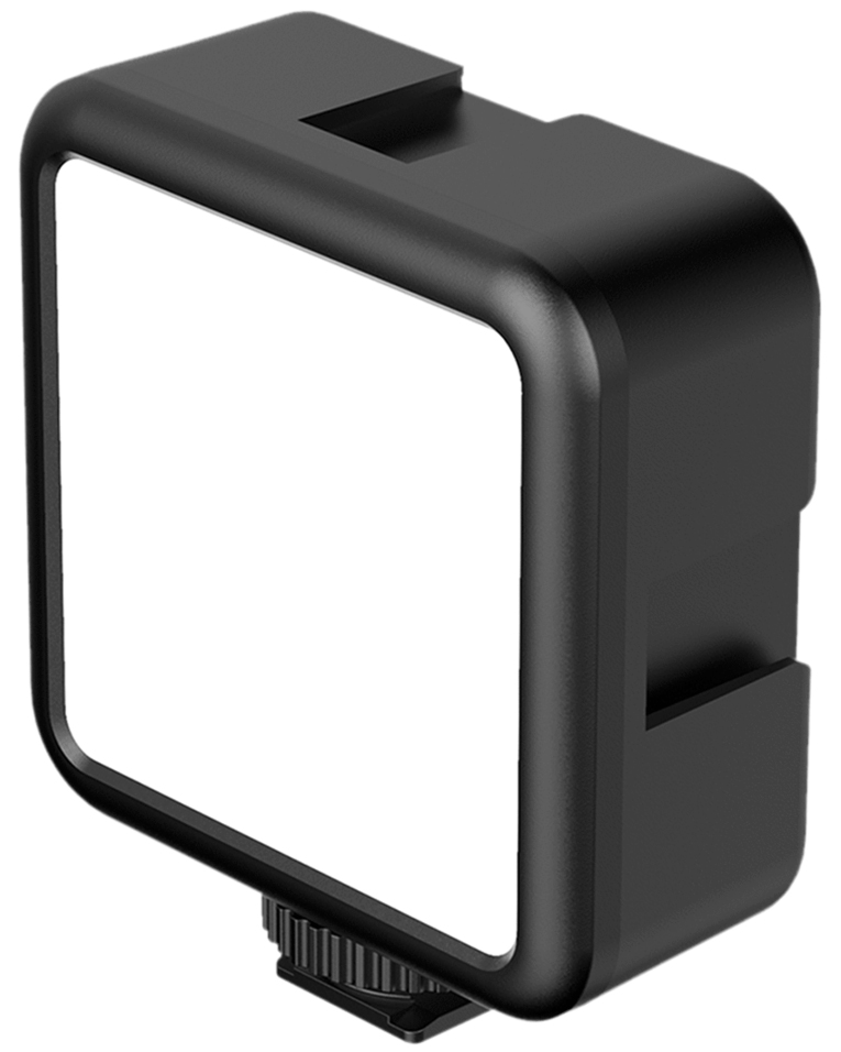 Une lumière rectangulaire noire avec un carré blanc au centre. Elle a une base de montage en bas. C'est une lumière LED.