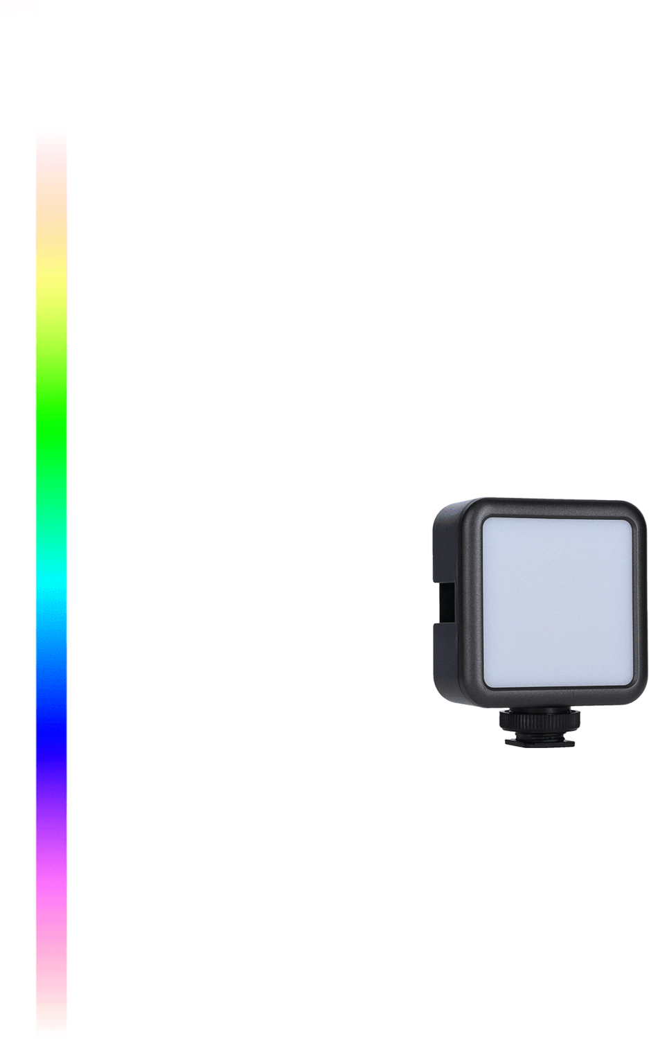 Une petite lumière LED noire avec une face avant blanche est à droite. Un dégradé arc-en-ciel vertical est à gauche.
