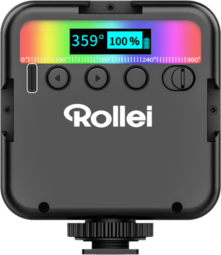 Une lumière noire Rollei avec un écran affichant 359 degrés et 100% de batterie. Elle a des boutons et une barre arc-en-ciel.