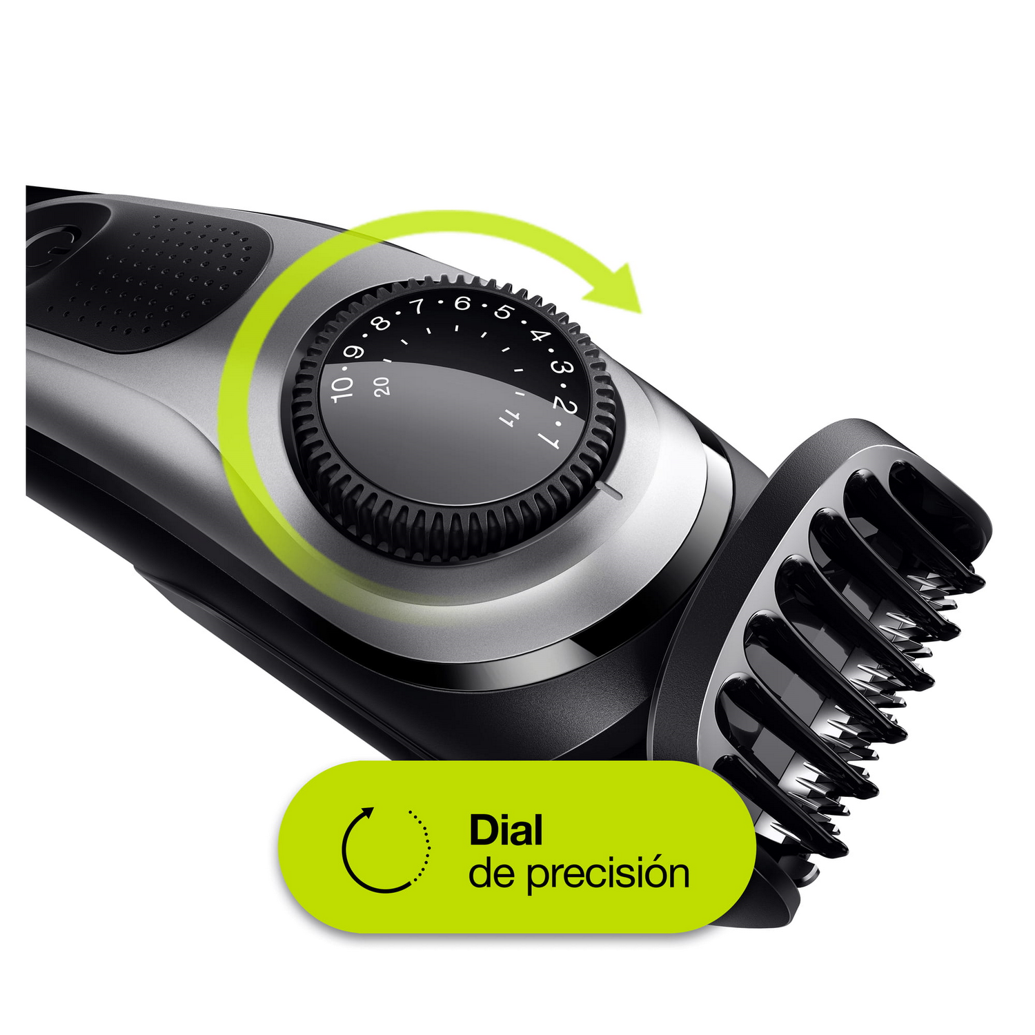 Primer plano de una recortadora con un dial. El dial tiene números y una flecha verde. Dice precisión.