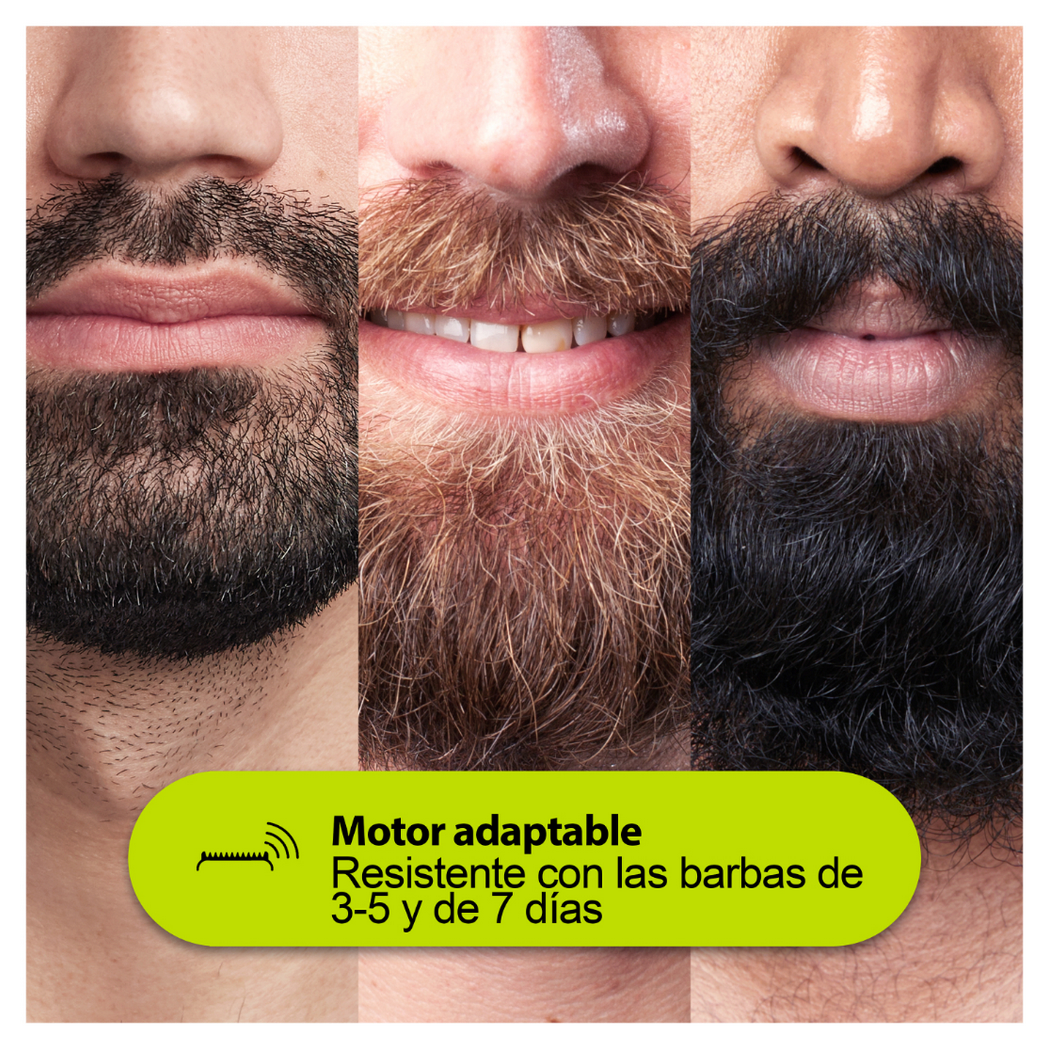 Tres caras de hombres con diferentes barbas. Una burbuja de texto verde en la parte inferior está presente.
